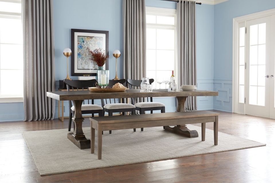 dark toned hardwood in blue dining room